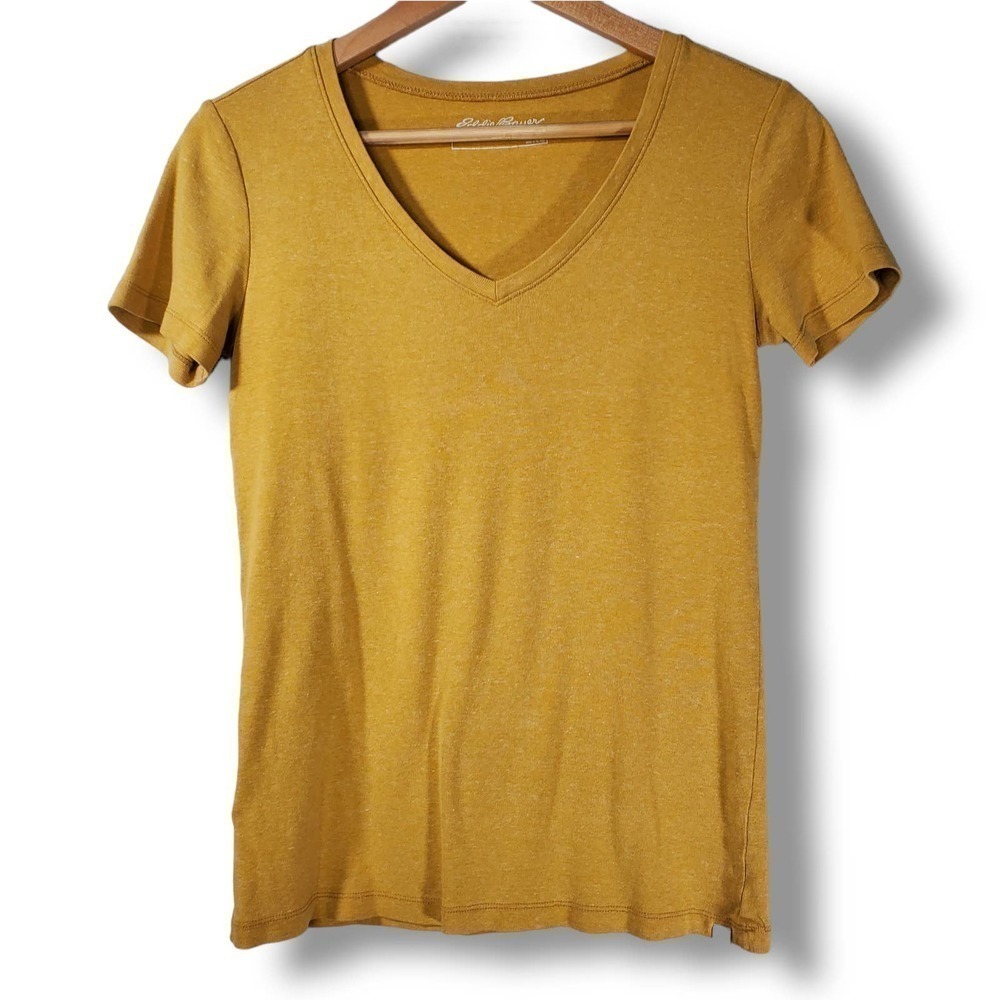 Eddie Bauer Cotton Knit Stretch V-Neck Short Sleeve Shirt Yellow Size Small